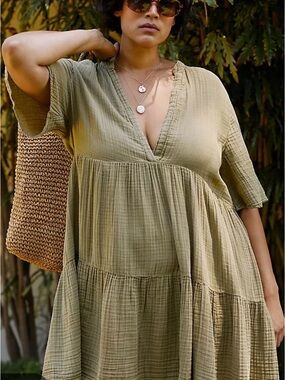 Anthropologie Kallie Flowy Olive V-Neck Tiered Dress